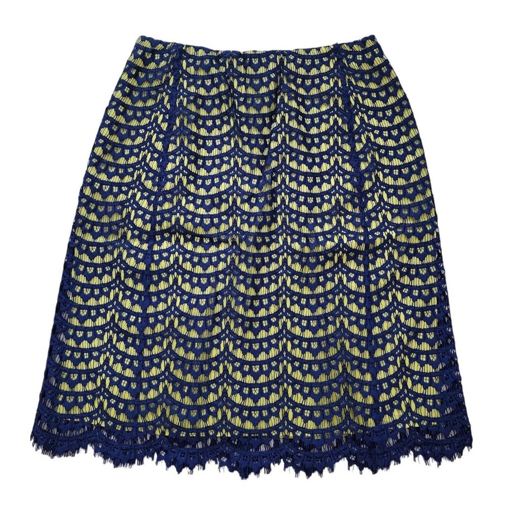 Carven Blue Skirt Lace Crochet Layer Yellow Scallop Hem Small 36
